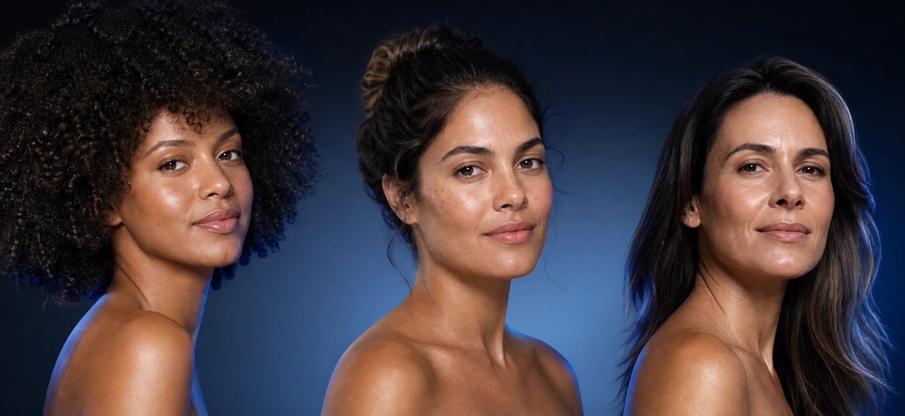 Três rostos femininos lado a lado, representando 20+, 30+ e 40+