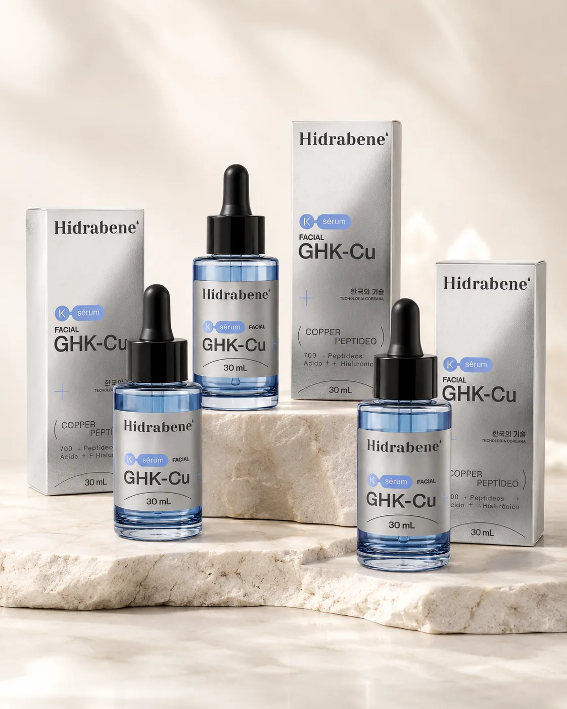 Três frascos do K-Sérum GHK-Cu Hidrabene com as embalagens
