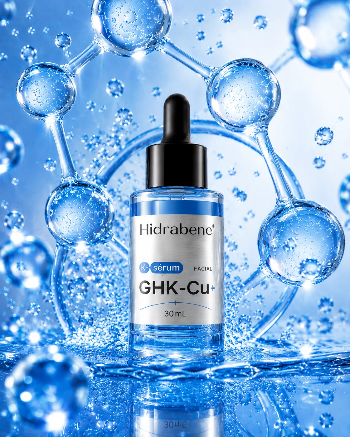 K-Sérum GHK-Cu Hidrabene entre moléculas azuis