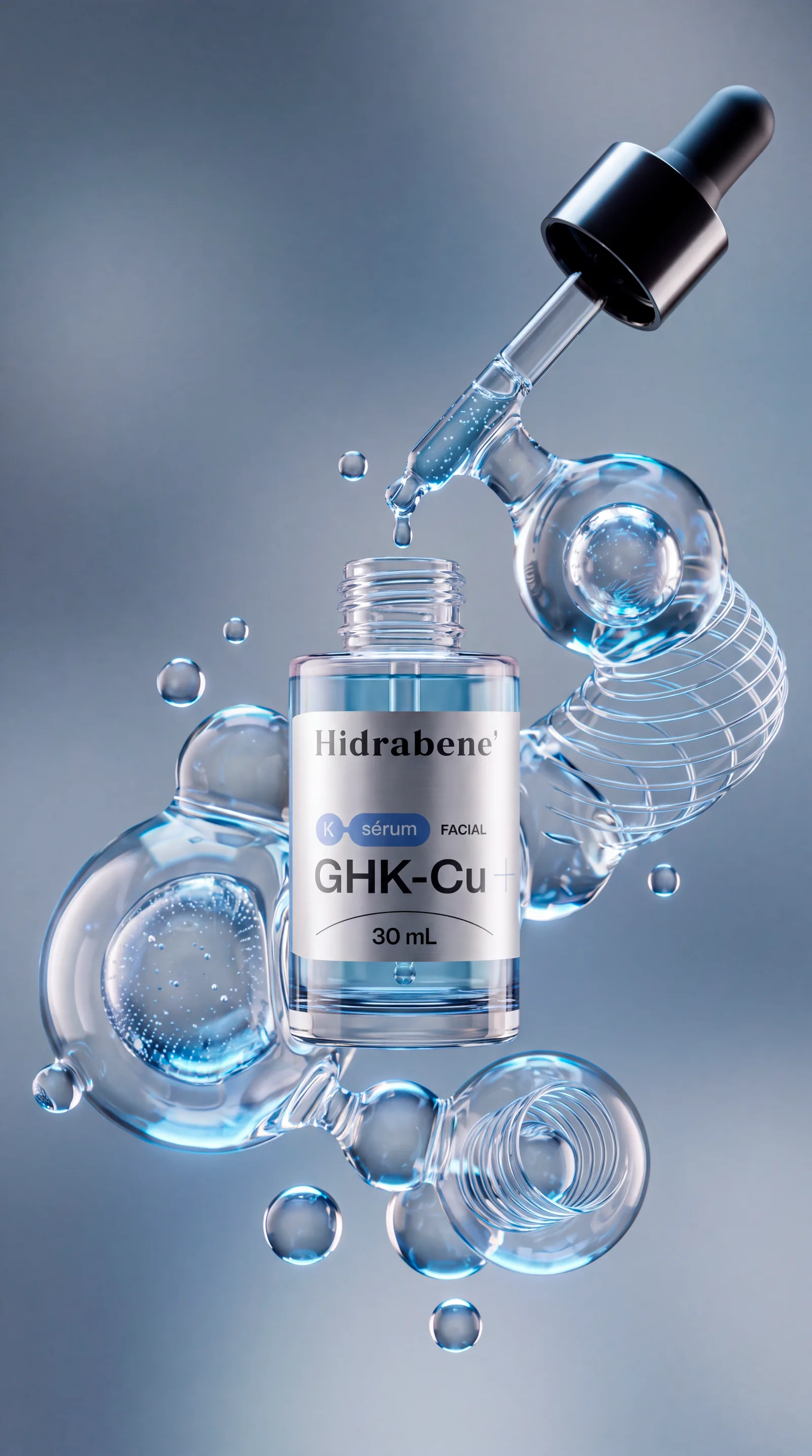 Frasco aberto do K-Sérum GHK-Cu Hidrabene, com o conta-gotas acima